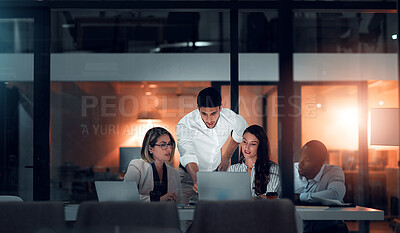 Buy stock photo Business people, meeting and laptop in office at night for project development, collaboration or conversation. Discussion, diversity and employees with deadline for teamwork, planning or support