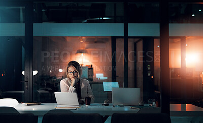 Buy stock photo Business woman, stress and laptop in office for corporate communication, internet research and networking. Female person, technology and frustrated working late night for project planning and email