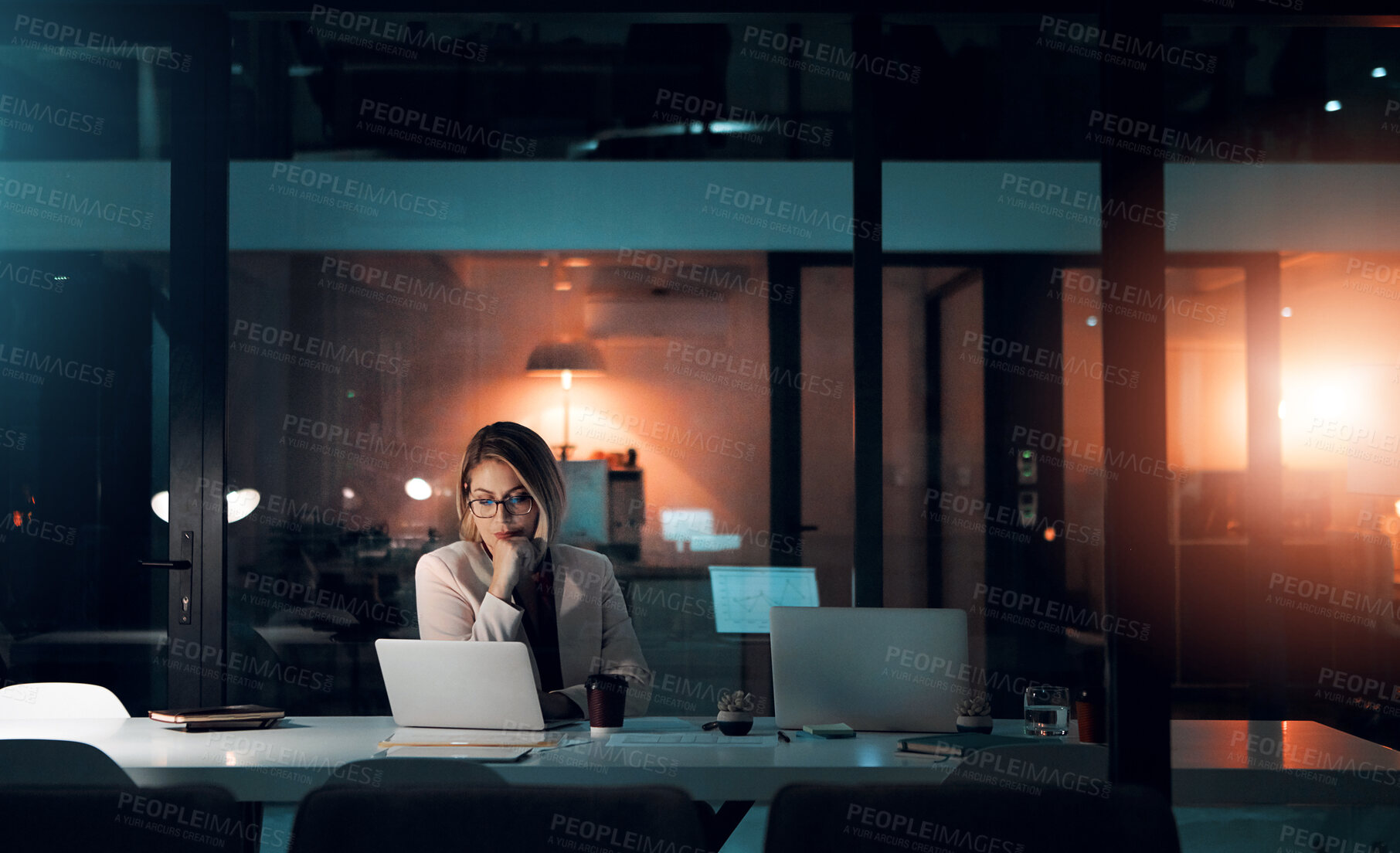 Buy stock photo Business woman, stress and laptop in office for corporate communication, internet research and networking. Female person, technology and frustrated working late night for project planning and email