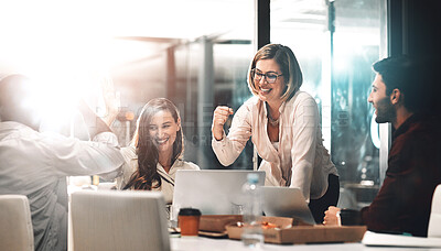 Buy stock photo Business people, happy and celebration for achievement in office with company investment and stock market bonus. Teamwork, employees and support for trading success with tech and excited in boardroom