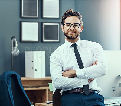 Buy stock photo Male accountant, glasses and portrait in office with confidence, smile and proud in workplace. Businessman, success and arms crossed for leadership, company management and professional in industry