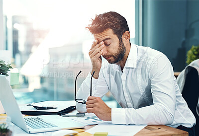 Buy stock photo Laptop, glasses and businessman with headache in office for tension, pain and anxiety in finance job. Trading, broker and frustrated with stress by tech for investment, mistake and stock market crash