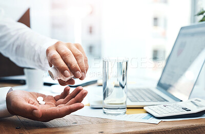 Buy stock photo Water, hands and businessman with pills in office for headache, migraine or pain treatment. Medical, sick and male person with h2o drink and tablets medication for flu, cold or allergies in workplace