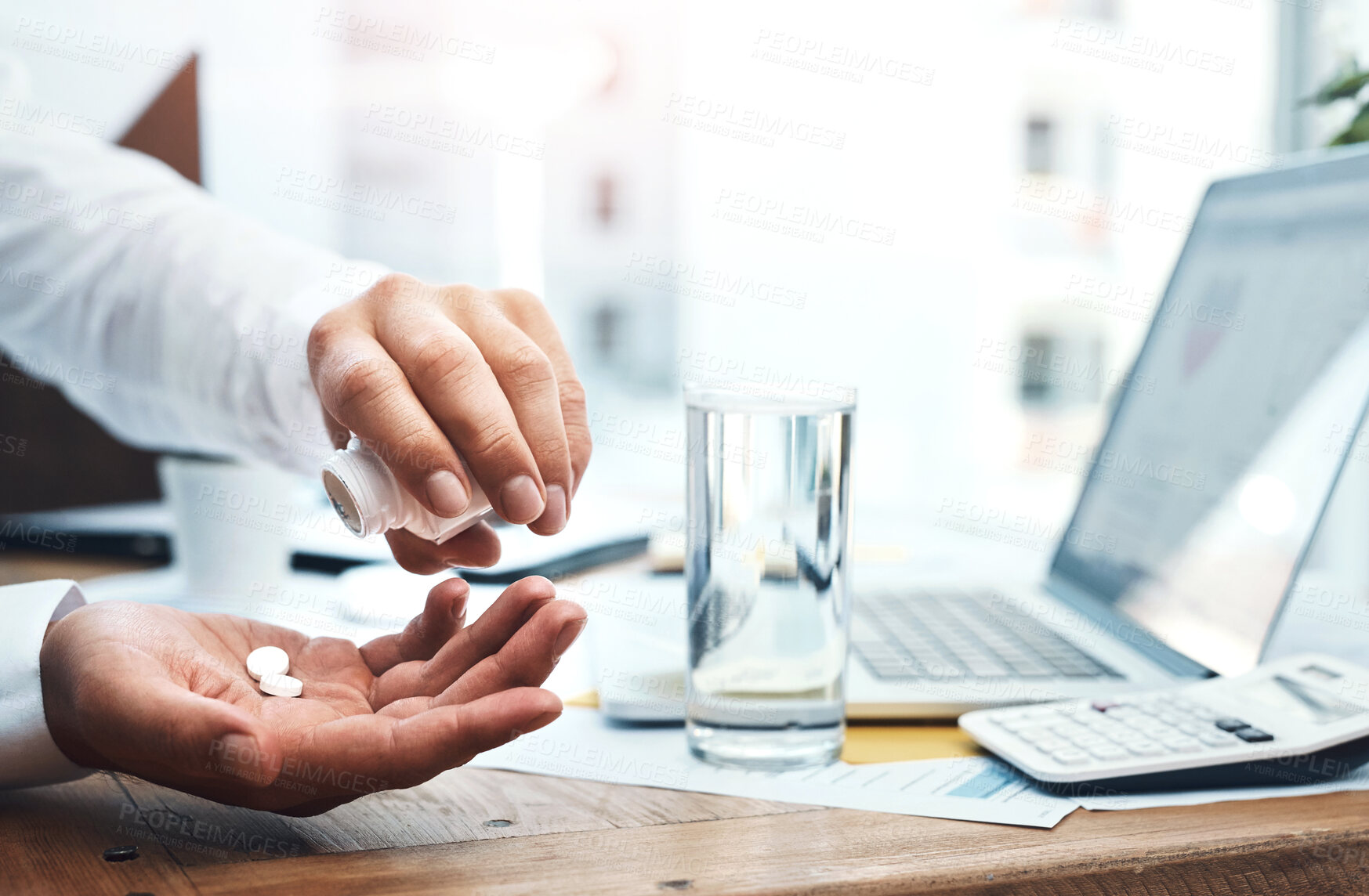 Buy stock photo Water, hands and businessman with pills in office for headache, migraine or pain treatment. Medical, sick and male person with h2o drink and tablets medication for flu, cold or allergies in workplace