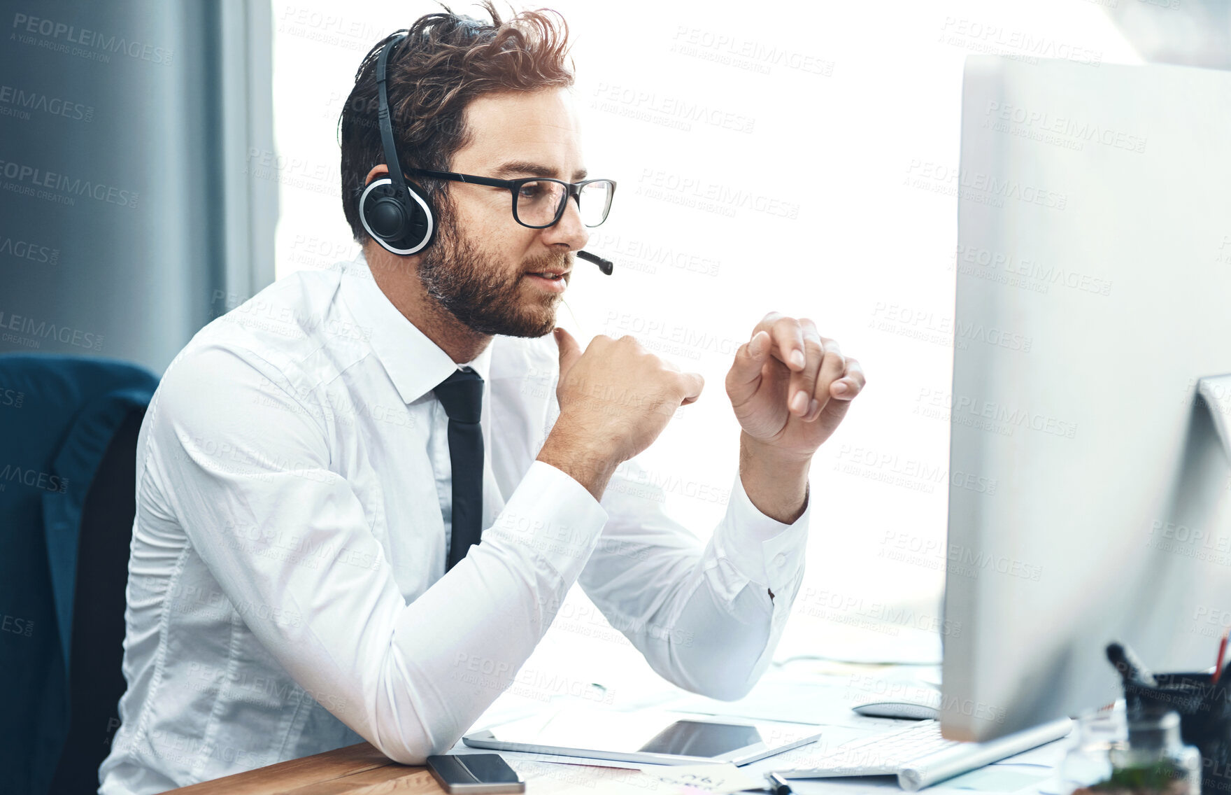Buy stock photo Business, man and call centre with headset on computer, help desk and customer service or online advice. Tech support, sales and network with microphone for communication, agent and consultation