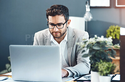 Buy stock photo Office, internet and businessman with laptop by desk for investment, feedback and reading finance news. Financial planner, thinking and work with technology for digital tax report, email and research