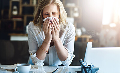 Buy stock photo Office, blowing nose or sick woman with tissue, flu or allergy with cold, business or illness at desk. Infection, secretary or female receptionist sneezing with toilet paper, virus or fever disease