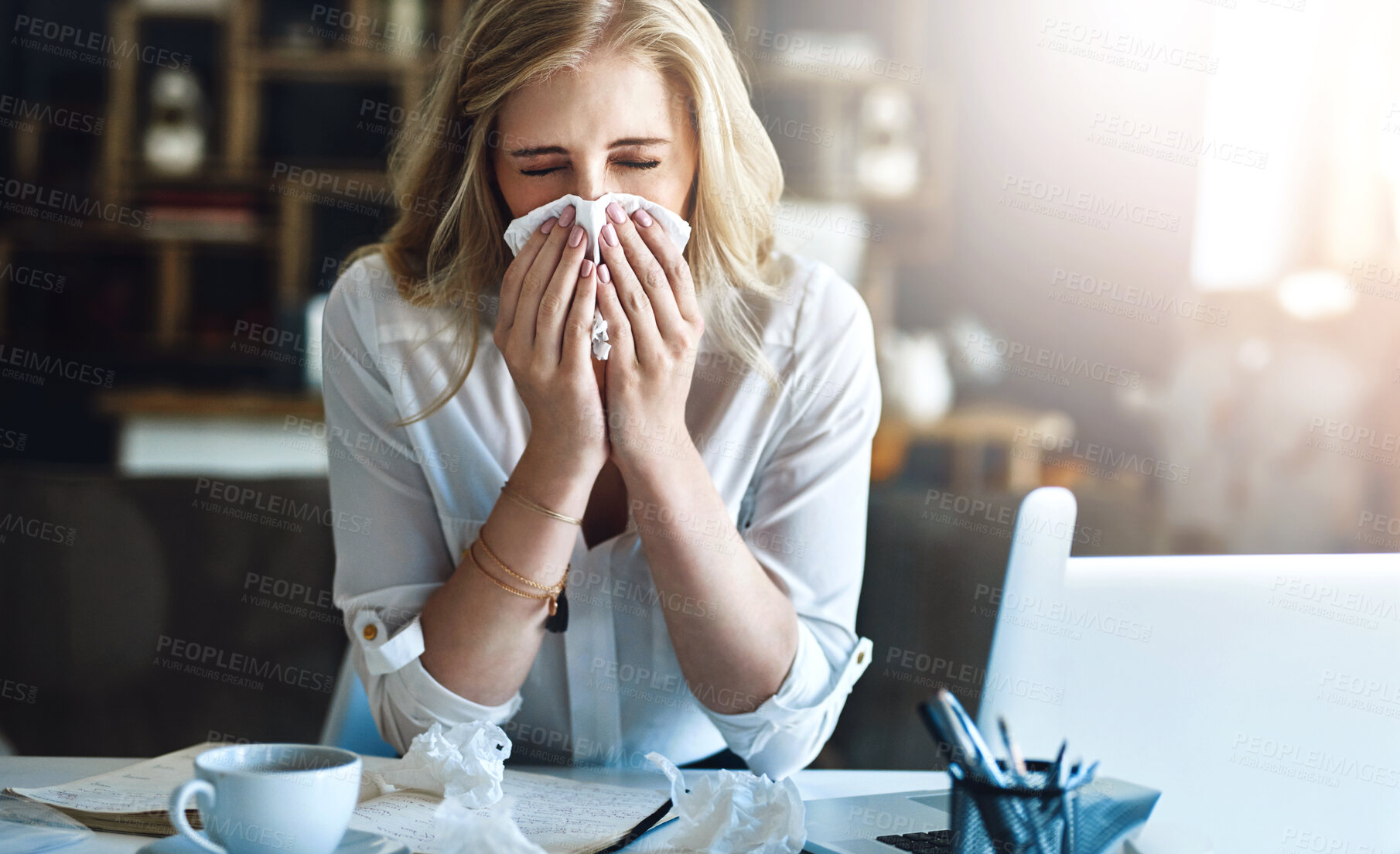 Buy stock photo Office, blowing nose or sick woman with tissue, flu or allergy with cold, business or illness at desk. Infection, secretary or female receptionist sneezing with toilet paper, virus or fever disease