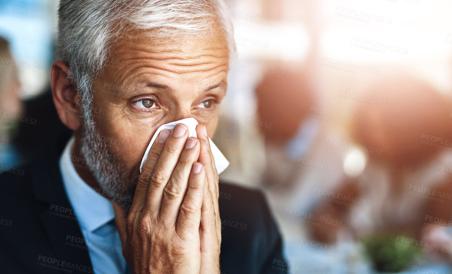 Buy stock photo Business, sick and senior man with tissue, virus and disease with burnout, flu season and cold in workplace. Mature person, agent and lawyer with toilet paper, health issue and allergy with bacteria