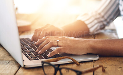 Buy stock photo Hands, woman and typing laptop in outdoor on keyboard for feedback, website or review online story or report. Female copywriting, digital and editing information, article and target audience