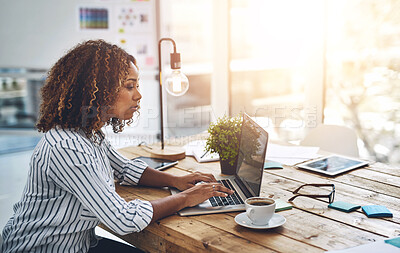 Buy stock photo Woman, laptop and typing in office for social media post, communication or online news and email. Female person, technology and writing message for internet research, web browsing or networking