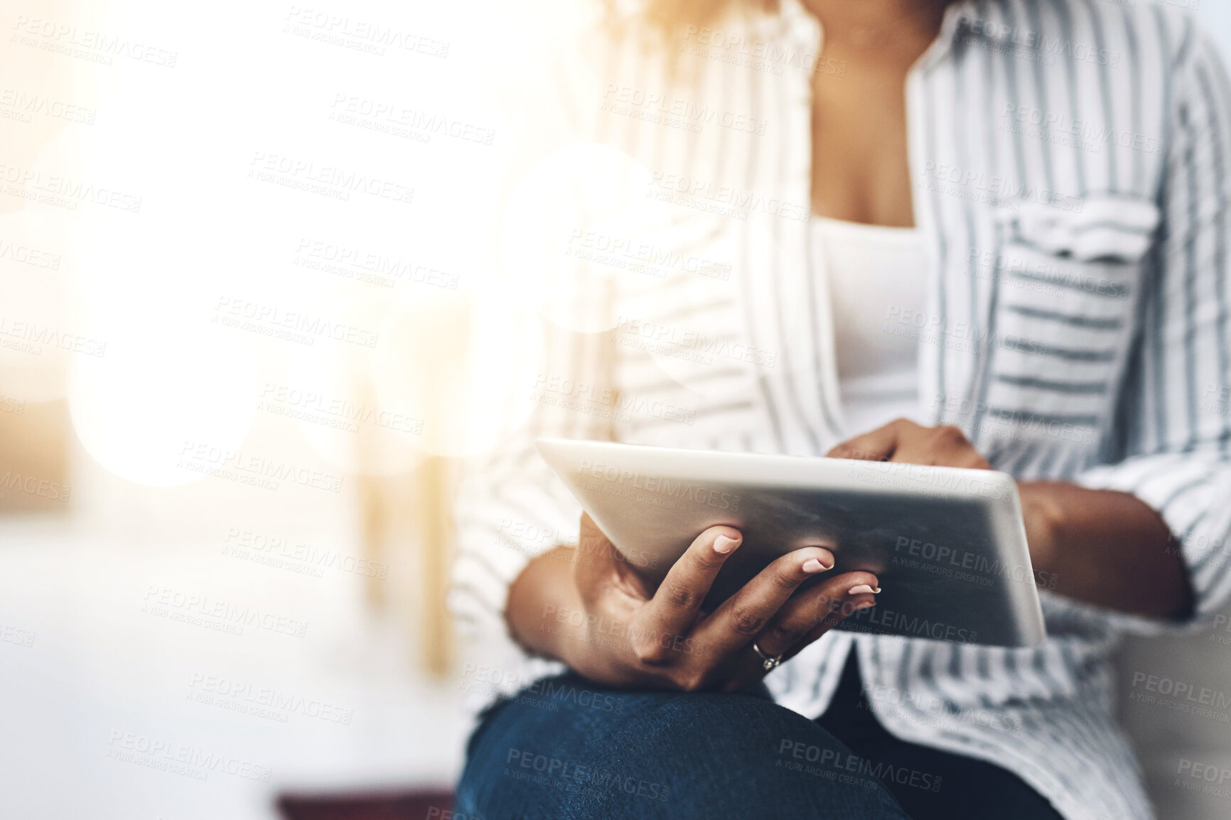 Buy stock photo Woman, tablet and hands typing for social media post, communication or online news and email. Female person, technology and writing message for internet research, web browsing and networking