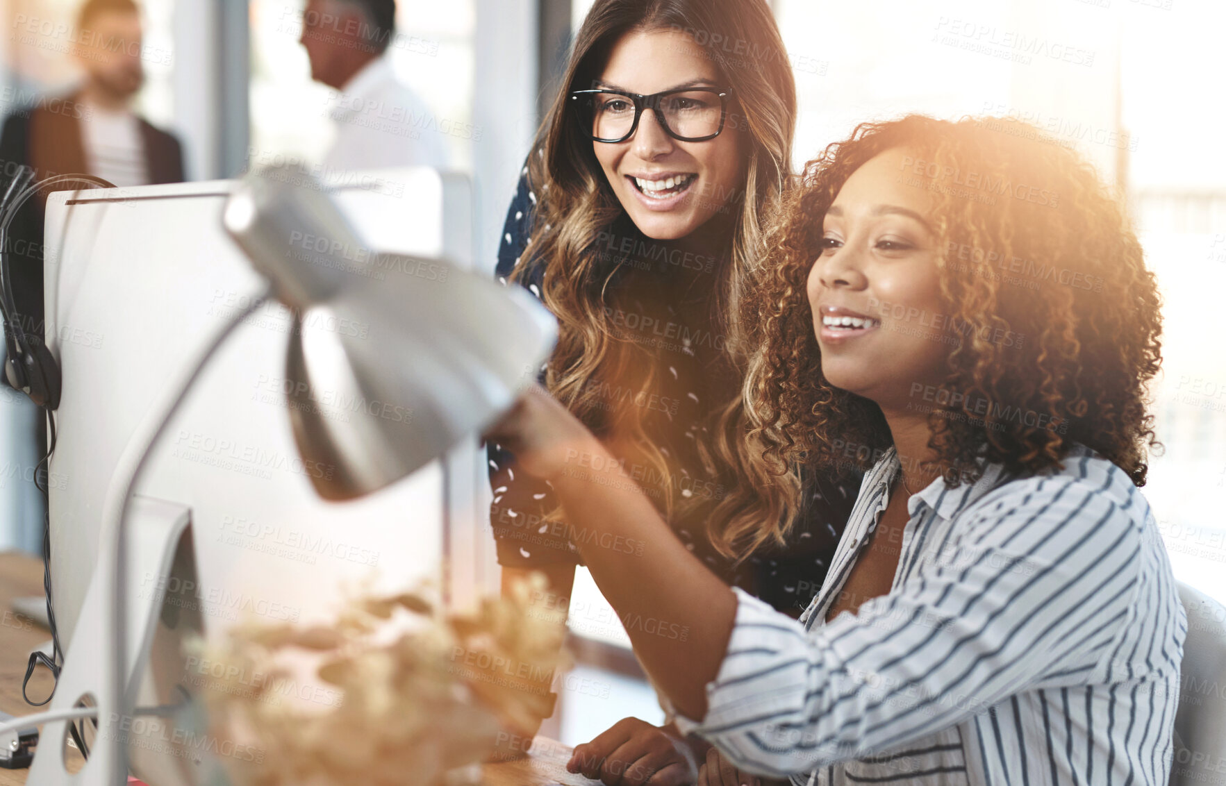 Buy stock photo Office, computer and women with smile in conversation for research, support and feedback in training. Happy, business people and discussion with tech for administration, portfolio  and policy review