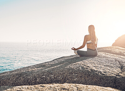 Buy stock photo Outdoor, back and woman with zen for yoga, wellness and spiritual peace in California. Chakra, female yogi and hands with lotus pose for meditation, exercise and mental health by mockup space