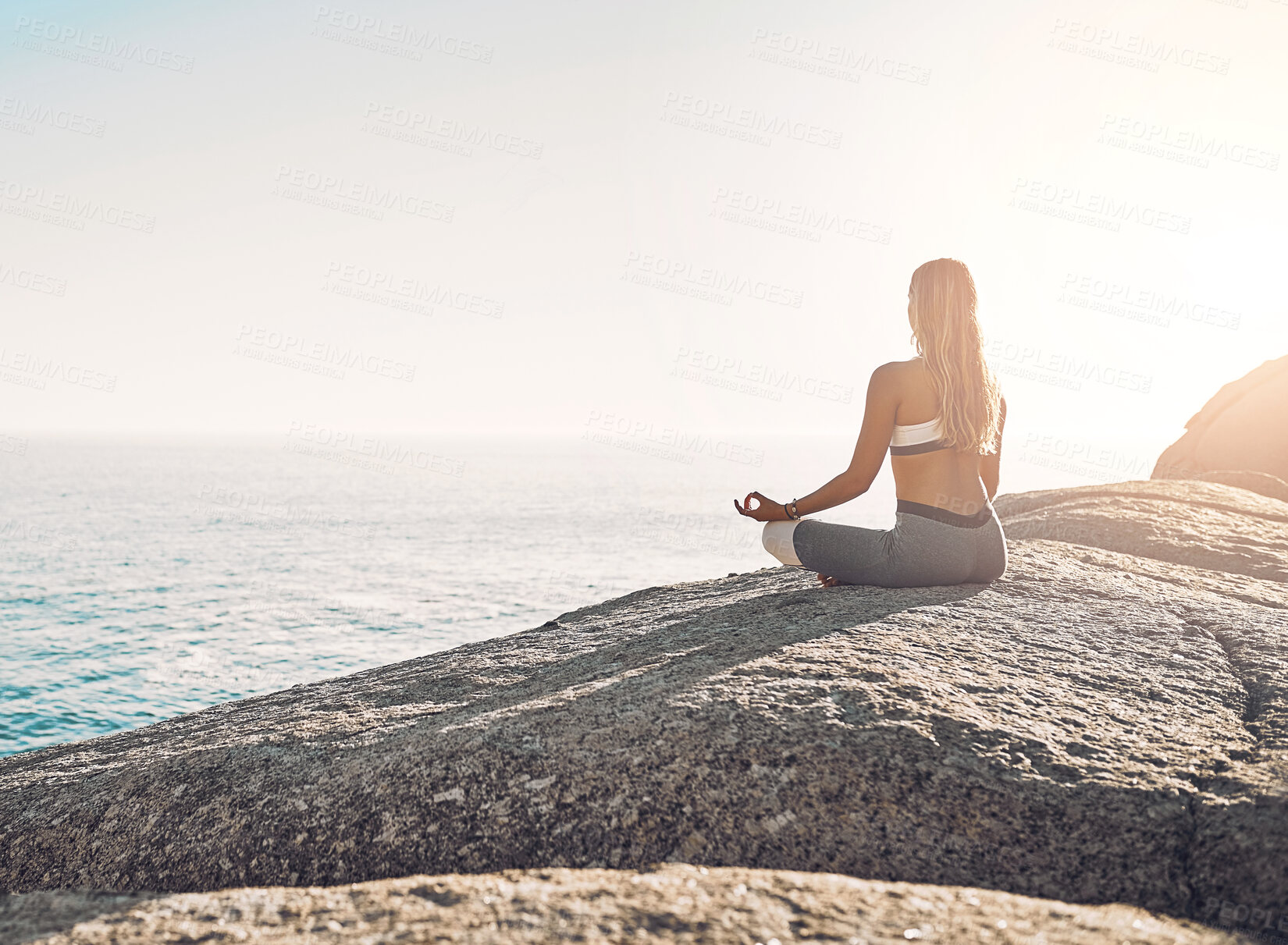 Buy stock photo Outdoor, back and woman with zen for yoga, wellness and spiritual peace in California. Chakra, female yogi and hands with lotus pose for meditation, exercise and mental health by mockup space