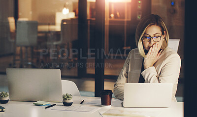 Buy stock photo Corporate, woman and laptop in office at night for legal case, deadline and reading client portfolio. Law firm, business and professional attorney with tech at desk for overtime, research or solution