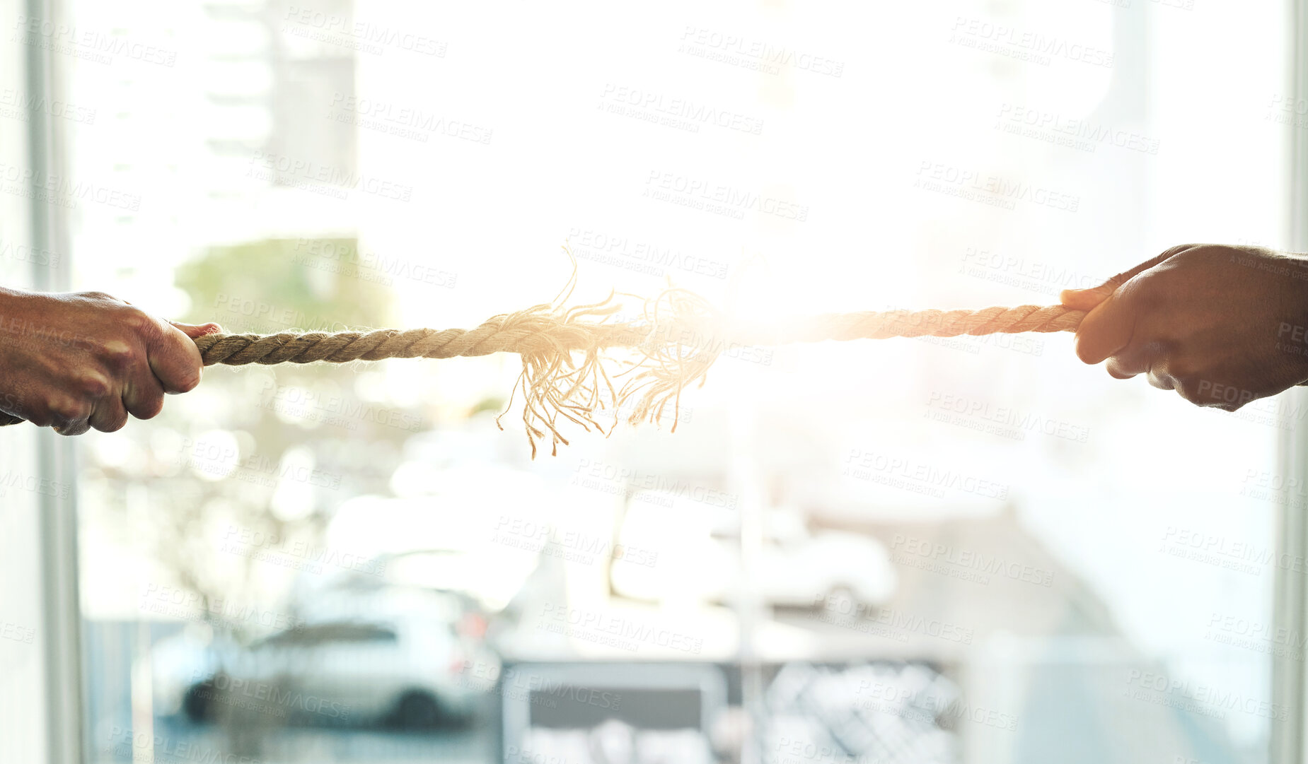 Buy stock photo Business people, hands and tug of war with rope in office for power, professional competition and break in opposition. Challenge, employees and fight with pulling for struggle, battle and pressure