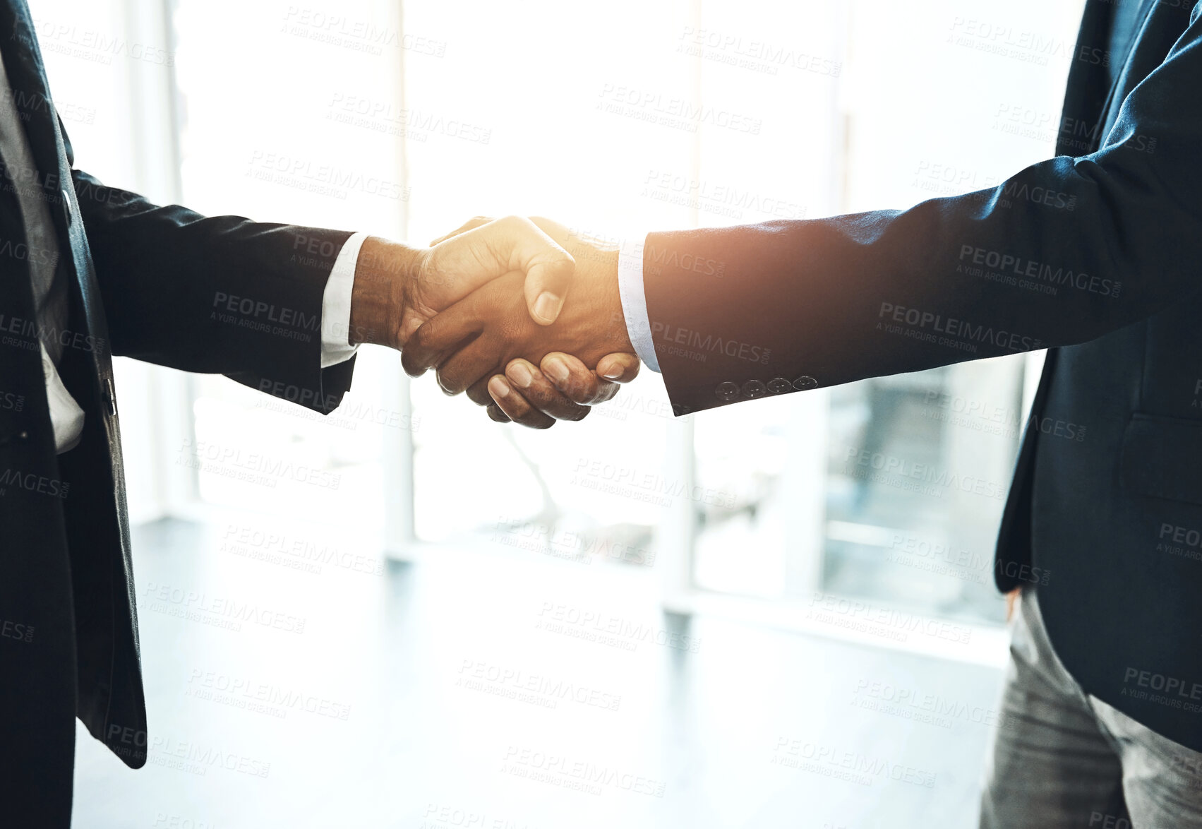 Buy stock photo Handshake, b2b partnership and deal with business people in office for meeting, contract and opportunity. Agreement, job promotion and teamwork with employee shaking hands for welcome, hello and goal