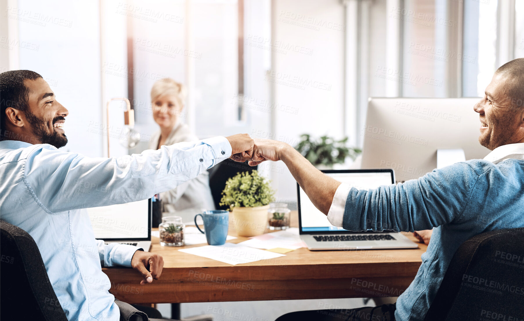 Buy stock photo Fist bump, celebration and businessmen for teamwork, partnership and team building mission, goal and target. Friends, excited hand sign and collaboration, b2b success and corporate startup deal