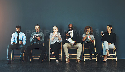 Buy stock photo Business people, recruitment and waiting in line for hiring with interview process and employment opportunity. Diverse group, job seeker and impatient with eating or tech with mockup space and banner