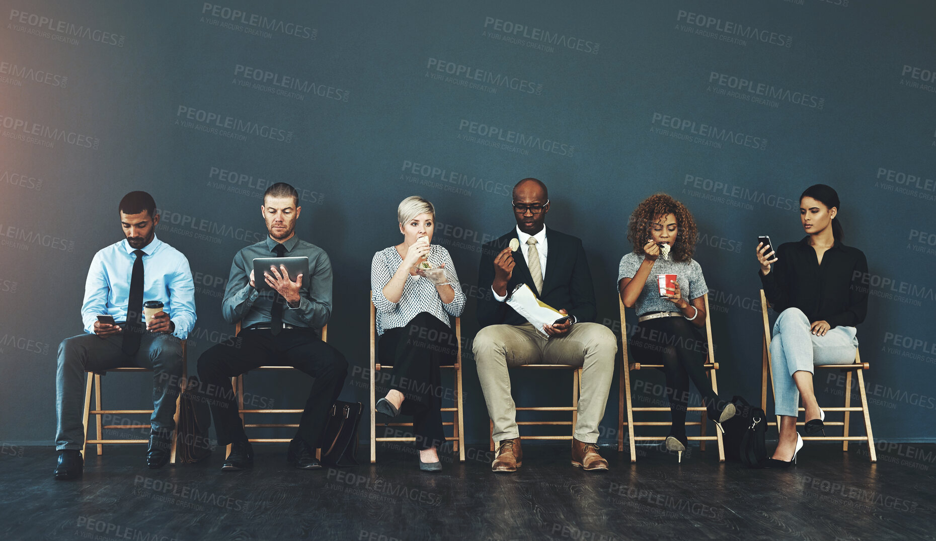 Buy stock photo Business people, recruitment and waiting in line for hiring with interview process and employment opportunity. Diverse group, job seeker and impatient with eating or tech with mockup space and banner