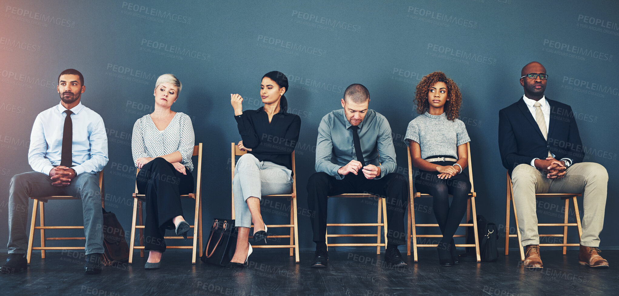 Buy stock photo Business people, recruitment and waiting in row for interview with hiring process and employment opportunity. Diverse group, job seeker and nervous in line for HR meeting with mockup space and banner