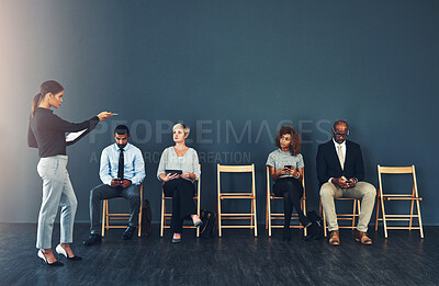 Buy stock photo Waiting room, business people and candidates with employer, hiring and human resources management. Staff, participants or employees with line, queue or new job with recruitment or diversity in office