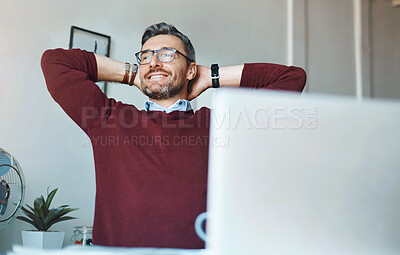 Buy stock photo Business, relax and man with hands behind head, computer and smile with completed task, opportunity and success. Person, employee and agent with pc, career ambition and comfortable with productivity