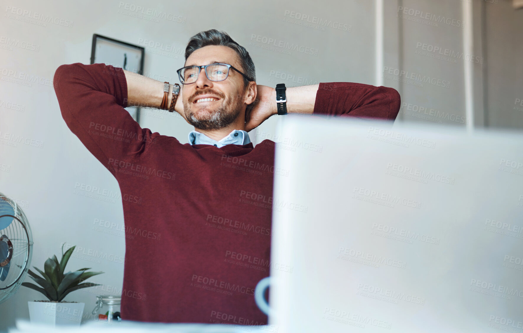 Buy stock photo Business, relax and man with hands behind head, computer and smile with completed task, opportunity and success. Person, employee and agent with pc, career ambition and comfortable with productivity