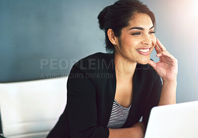 Buy stock photo Business, thinking and woman with laptop, smile and opportunity with problem solving, solution and decision. Person, entrepreneur and journalist with ideas, planning and pc for research and choice