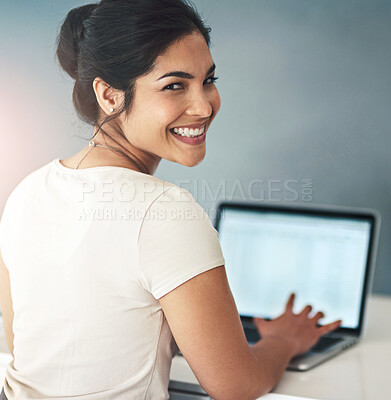 Buy stock photo Happy woman, portrait and journalist with laptop for story, book or business news at office desk. Young female person, freelancer or writer with smile for report, typing or online novel on computer