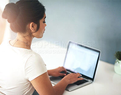 Buy stock photo Typing, office and business woman on laptop for online project, research and working on proposal at desk. Virtual assistant, administration and person on computer for internet, website and planning