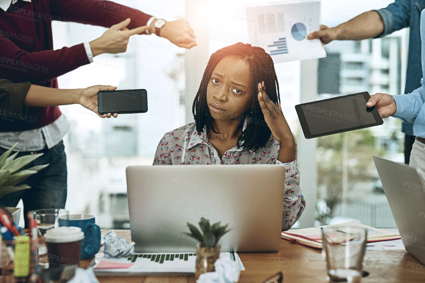 Buy stock photo African woman, overwhelmed and chaos in office with hands, staff and documents for deadline at startup. Person, stress and multitasking with paperwork, charts and time management with technology