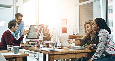 Buy stock photo Discussion, computer and business people at desk in coworking space for collaboration, planning project or feedback. Lens flare, diversity and staff at design agency for teamwork, review or report