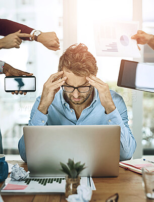 Buy stock photo Multitask, headache and man at desk with deadlines, stress and burnout at laptop in office. Male accountant, overwhelmed and technology in workplace with anxiety, tension and pain at computer