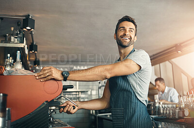 Buy stock photo Man, smile and barista with coffee machine at cafe for customer service, pride and preparing drink. Happy, waiter and equipment with confidence for hospitality, small business and order in Brazil