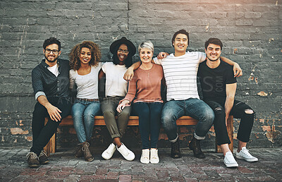 Buy stock photo Happy, fashion and portrait of friends in city for travel, fun and bonding with support on wall background. Diversity, style and group of people at office building for model, audition or recruitment