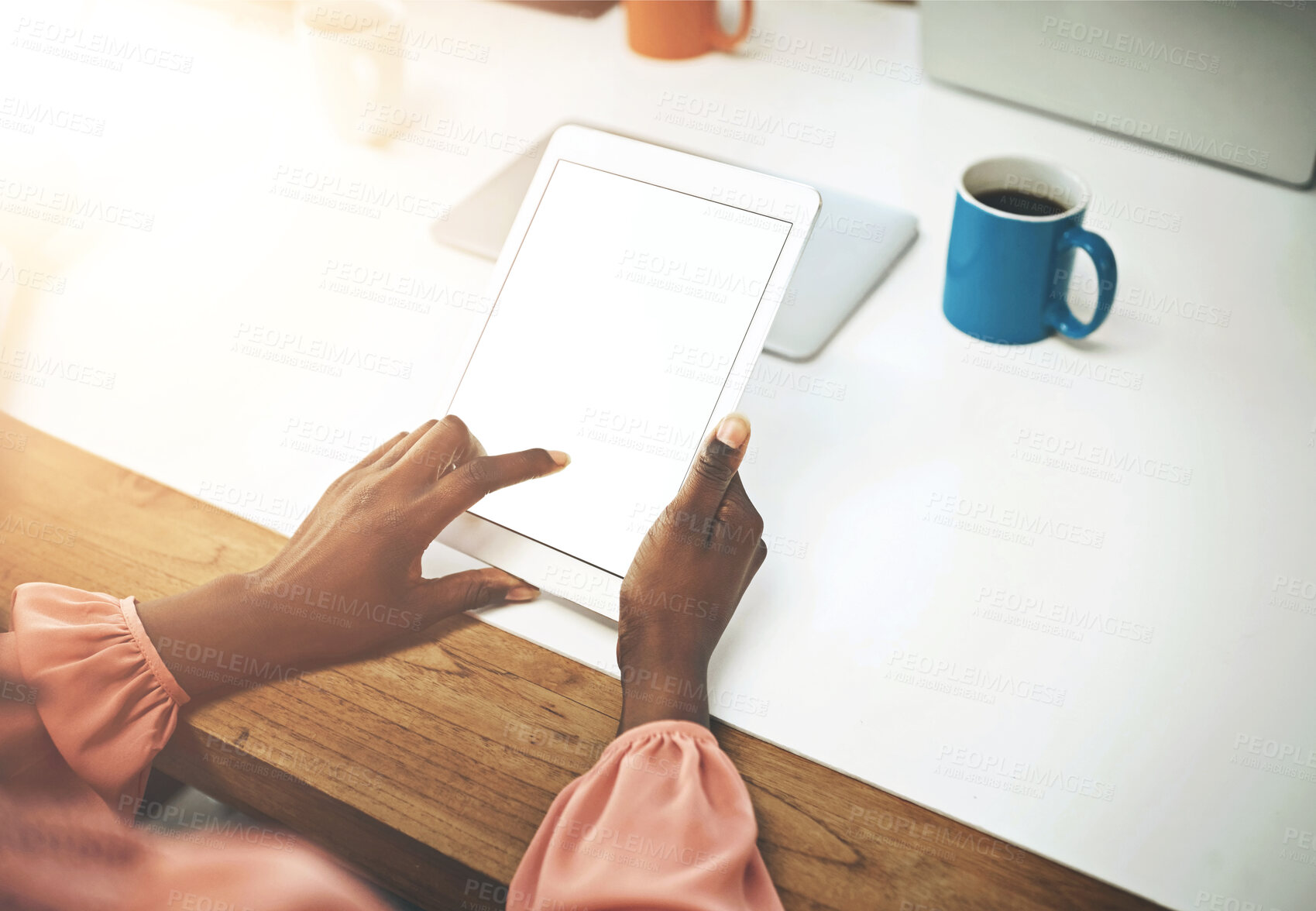 Buy stock photo Business woman, touch and browsing with tablet screen for research, app or interface at office desk. Closeup of female person or employee scrolling on technology or display for news on mockup space