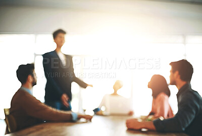 Buy stock photo Office, meeting and blur of business people in discussion, conversation and talking for collaboration. Corporate, law agency and men and women in boardroom for teamwork, project feedback and planning