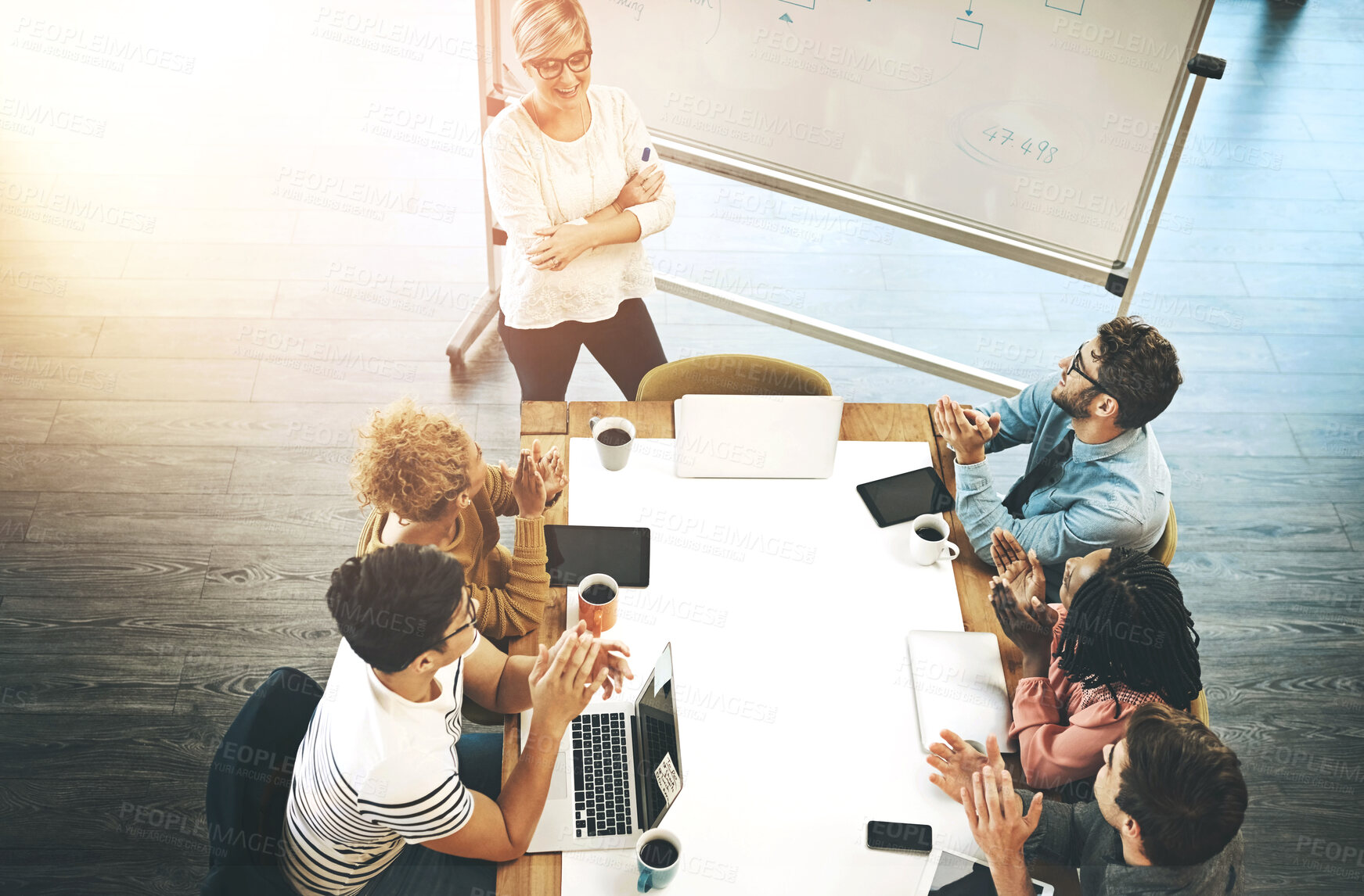 Buy stock photo Business people, presentation and meeting with applause for thank you, congratulations or well done above at office. Top view or group of employees clapping hands in celebration for staff training