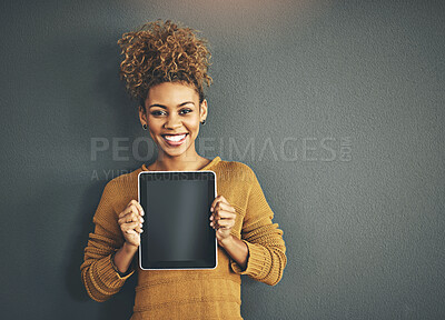 Buy stock photo Happy, wall background and portrait of woman with tablet screen for website, internet and user interface. Mockup, social media and person on digital technology for mobile app, news and advertising