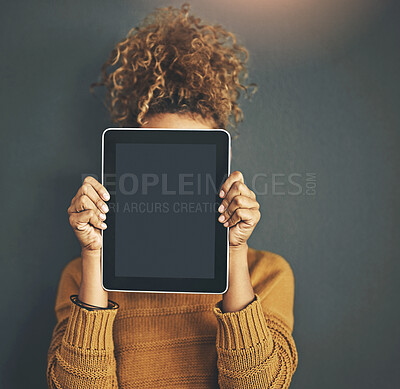 Buy stock photo Cover face, studio and woman with tablet for website review, internet and social media. Mockup space, wall background and person with digital technology for mobile app, information and online news