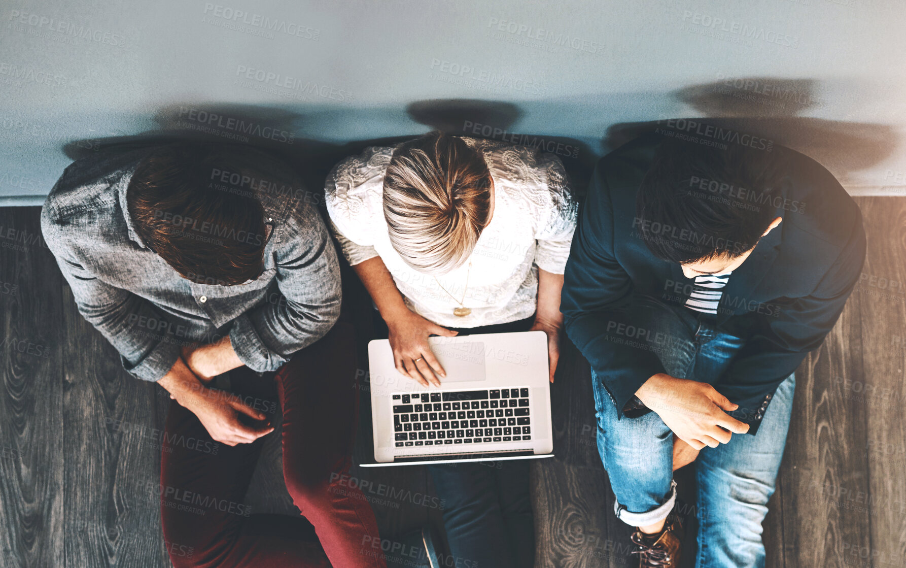 Buy stock photo Team, laptop and business people on floor of office for discussion, planning or collaboration. Top view, startup and employees for teamwork, feedback or review proposal at brand consulting agency