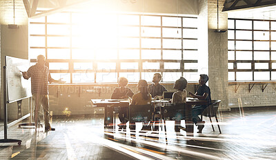 Buy stock photo Group, business people or meeting with double exposure of cityscape, presentation with lens flare in window. Teamwork, collaboration or startup office with light for company pitch, strategy or review