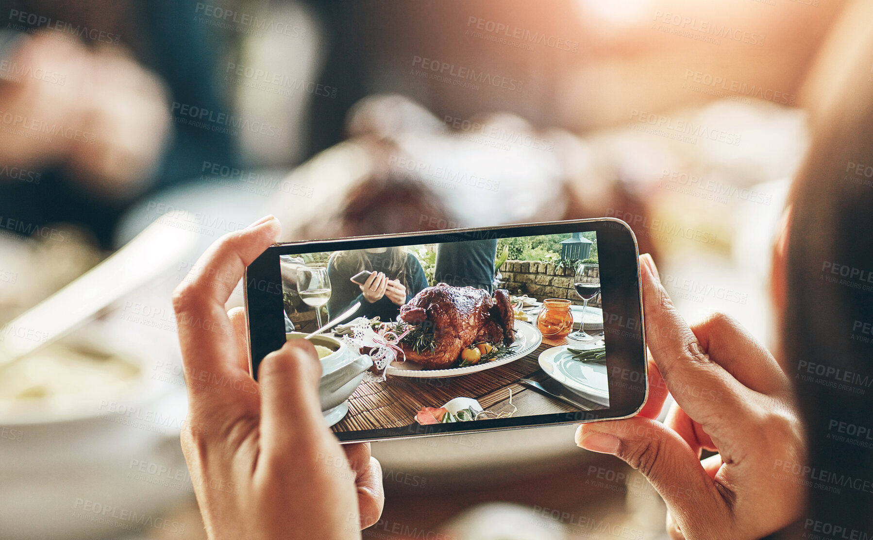 Buy stock photo Hands, dinner and food by photography for blog on smartphone, plate of turkey and person vlogging. Table, cellphone and camera for social media post, meat and meal with culinary for review on web app