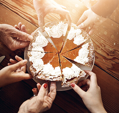 Buy stock photo Slice, hands and pumpkin pie on wooden table, party and Thanksgiving with celebration, event and dessert. Closeup, catering and people with food, snack and family with above, home and sweet meal