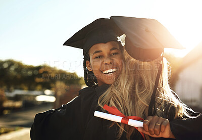 Buy stock photo Students, hug and girl at graduation for success, education and celebration on campus. Happiness, award and female learner with friend for portrait, certificate and achievement at university