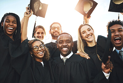 Buy stock photo Group, people and diversity at university graduation, happiness for degree or diploma certificate. Team, students and celebrating for in portrait achievement at college campus, smile for knowledge