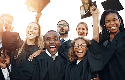 Buy stock photo Students, happy and graduation people outside, excited and university farewell for education or knowledge scholarship. Celebration ceremony, achievement and friends, academic and smile for milestone