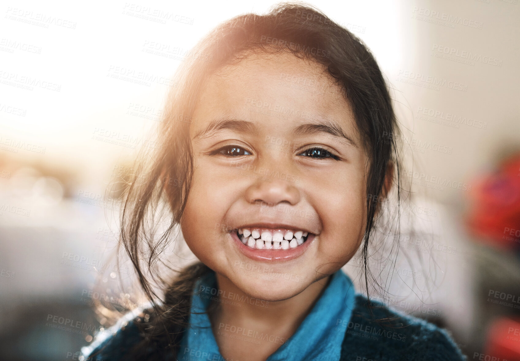 Buy stock photo Portrait, girl and excited for school with face, first day and happiness in Brazil. Smile, female child and ready for kindergarten, learning and education at home for growth, development and fun